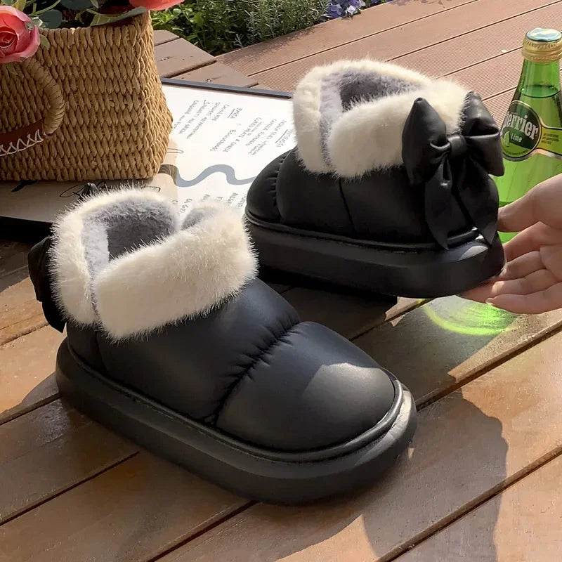 Cute Warm Ankle Boots Winter Women's Bow Warmth Plush Bow Cotton Shoes 2024 New Waterproof Down Cloth Short Barrel Snow Boots