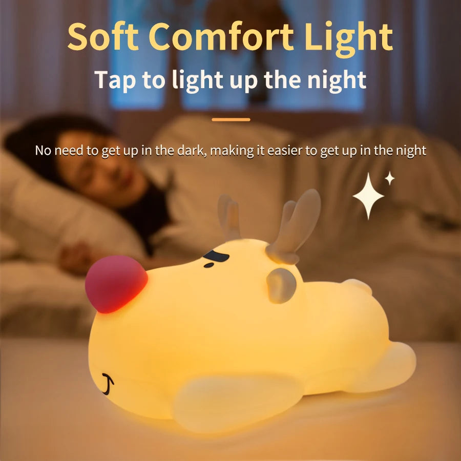 Reindeer Silicone Night Light for Kids Christmas Gift Soft Touch Squishy LED Night Lamp Rechargeable Animal Nursery Night Lights