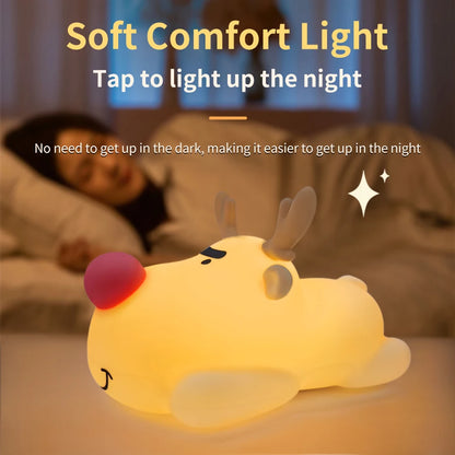 Reindeer Silicone Night Light for Kids Christmas Gift Soft Touch Squishy LED Night Lamp Rechargeable Animal Nursery Night Lights