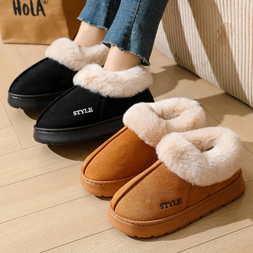 Anti-slip Thick Plush Snow Boots Women Faux Suede Platform Fur Winter Boots Woman Slip On Warm Cotton Padded Shoes Female 45