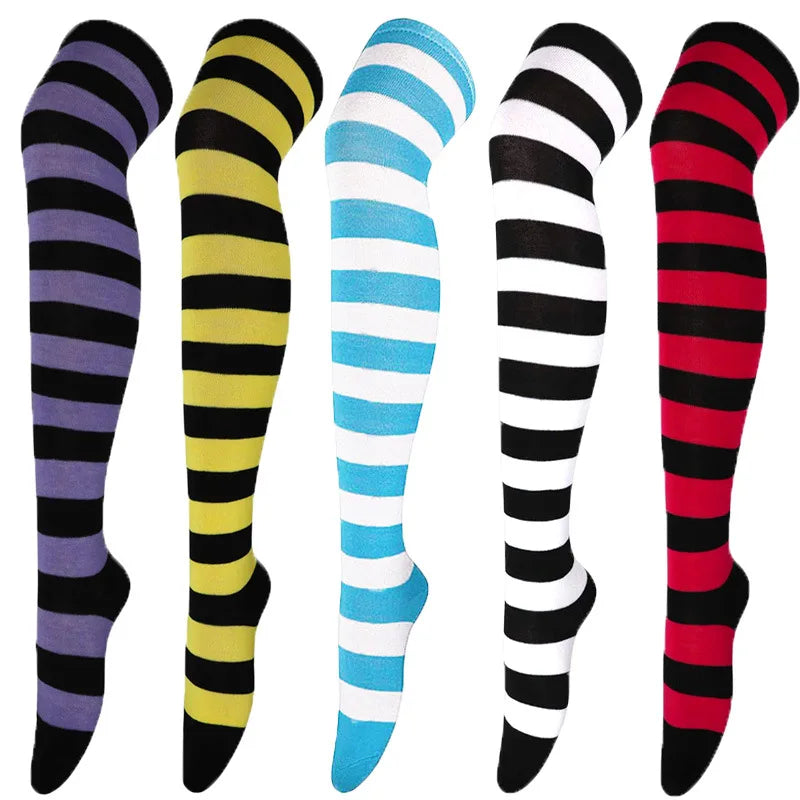 Color Striped Stockings Japanese Over Knee Socks Fashion Women Keep Warm Soks Sexy Slim Long Soks Black White Striped Hosiery