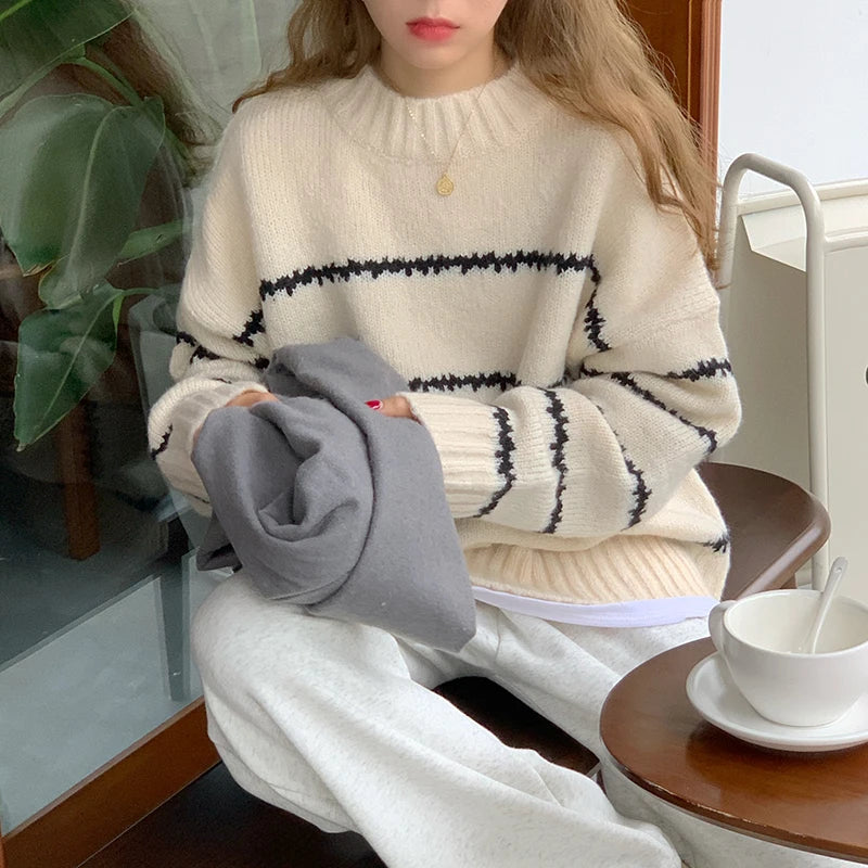 Women Sweater Casual Pullovers Autumn Winter Basics Knitted Korean Loose Striped O-neck Long Sleeve Elegance Sweet