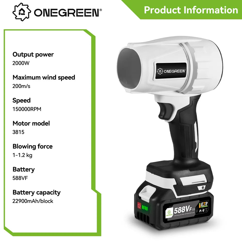 ONEGREEN 2000W Brushless Electric Turbo Blower Jet Fan 200M/S Handheld Air Blower Violent Blowing Tool for Makita 18V Battery