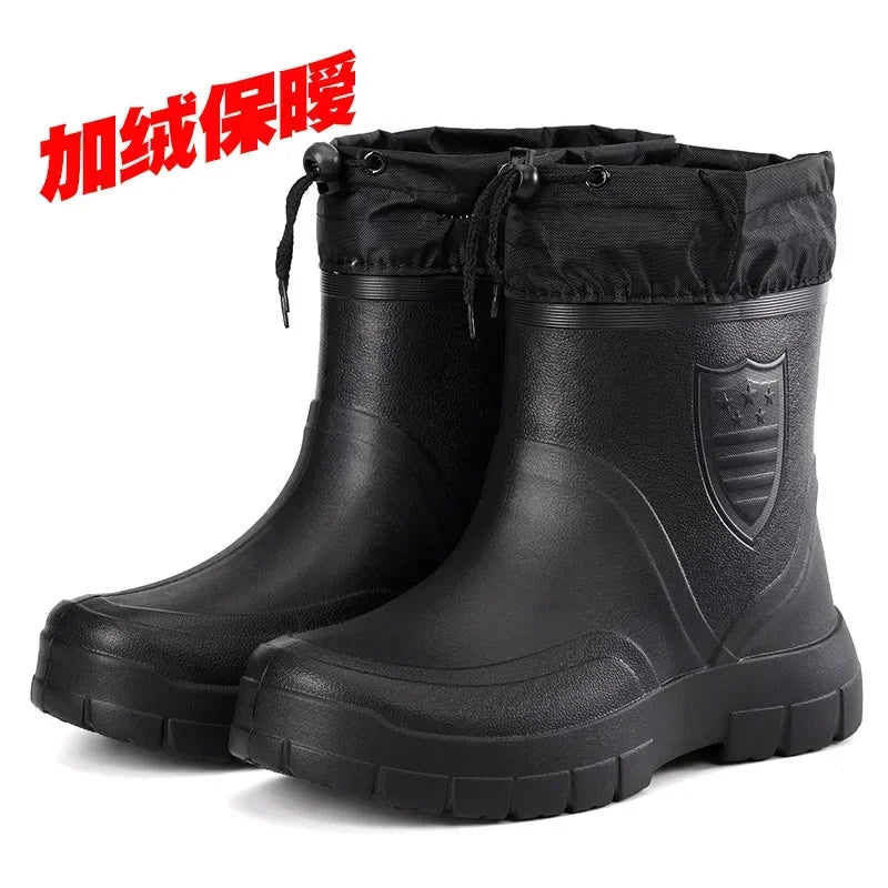 Winter Windproof Cotton Rain Boots Men Warm Light Ankle Rainboots Fashion Black Slip on Rain Shoes Men Waterproof Work Boot2024