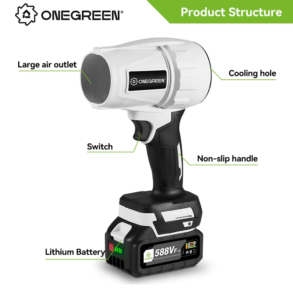 ONEGREEN 2000W Brushless Electric Turbo Blower Jet Fan 200M/S Handheld Air Blower Violent Blowing Tool for Makita 18V Battery