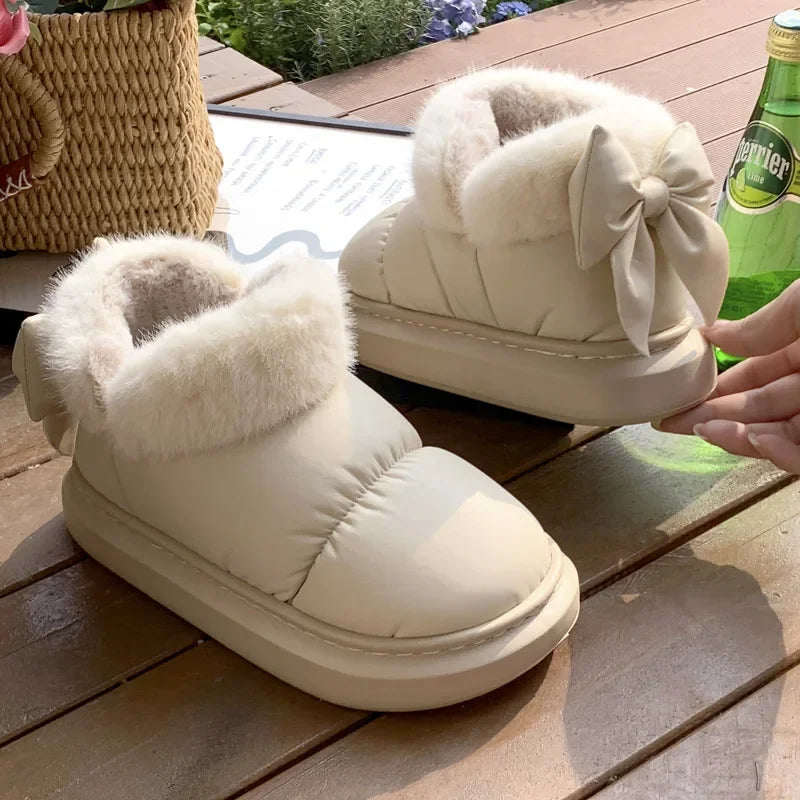 Cute Warm Ankle Boots Winter Women's Bow Warmth Plush Bow Cotton Shoes 2024 New Waterproof Down Cloth Short Barrel Snow Boots