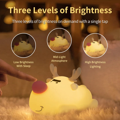 Reindeer Silicone Night Light for Kids Christmas Gift Soft Touch Squishy LED Night Lamp Rechargeable Animal Nursery Night Lights