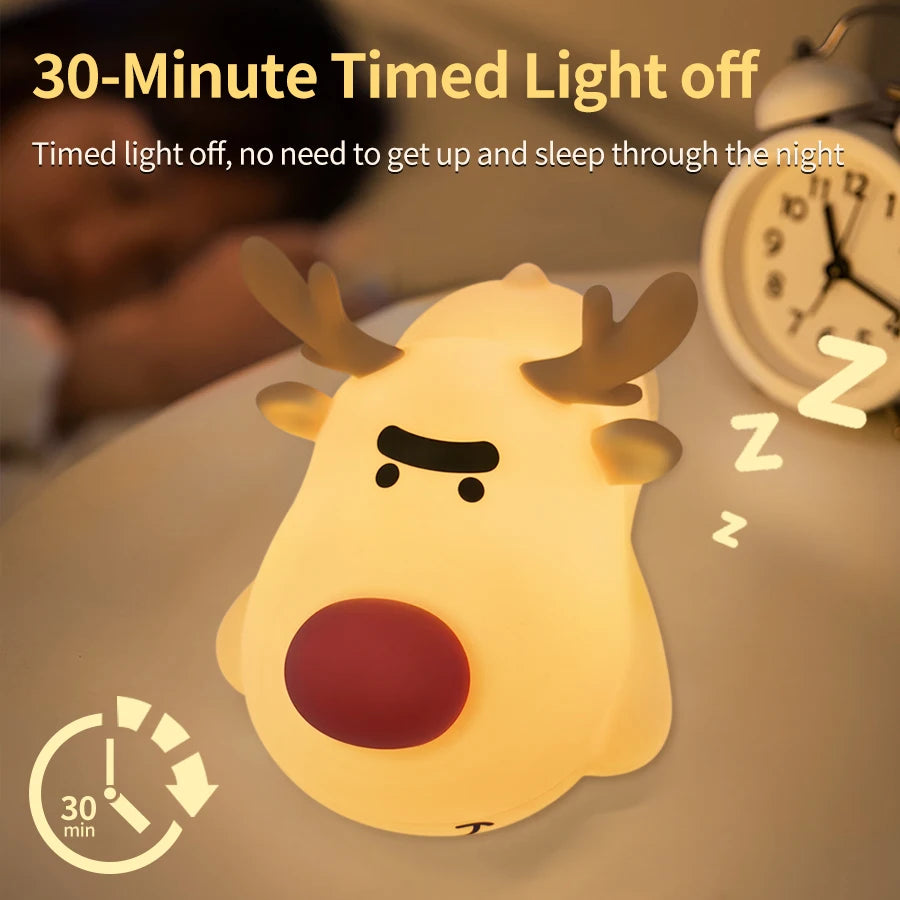 Reindeer Silicone Night Light for Kids Christmas Gift Soft Touch Squishy LED Night Lamp Rechargeable Animal Nursery Night Lights