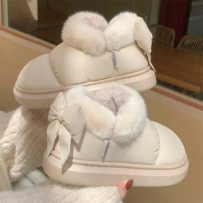 Cute Warm Ankle Boots Winter Women's Bow Warmth Plush Bow Cotton Shoes 2024 New Waterproof Down Cloth Short Barrel Snow Boots