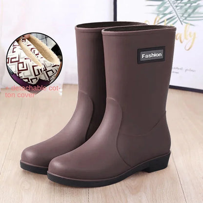 Rain boots women's four seasons fashion outdoor mid-tube waterproof non-slip rubber shoes fashion rain boots with cotton cover