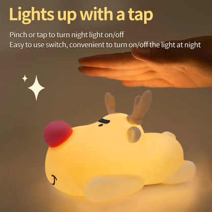 Reindeer Silicone Night Light for Kids Christmas Gift Soft Touch Squishy LED Night Lamp Rechargeable Animal Nursery Night Lights