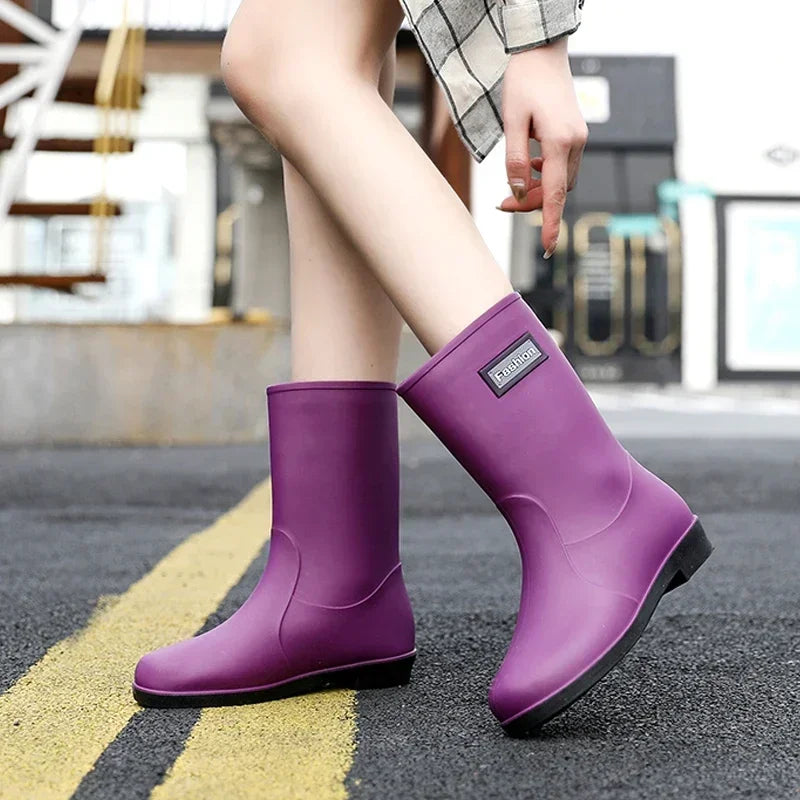 Rain boots women's four seasons fashion outdoor mid-tube waterproof non-slip rubber shoes fashion rain boots with cotton cover