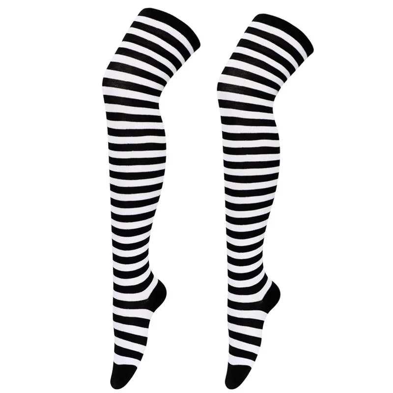 Color Striped Stockings Japanese Over Knee Socks Fashion Women Keep Warm Soks Sexy Slim Long Soks Black White Striped Hosiery