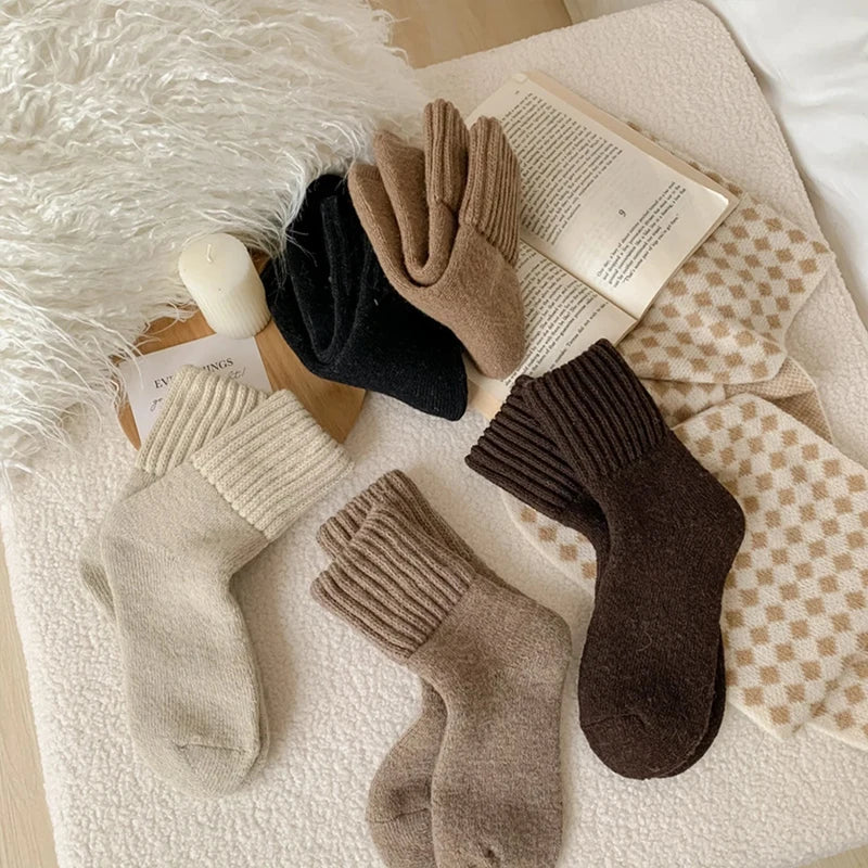 5 Pairs Winter Thickened Wool Socks Women’s Breathable Comfortable Plush Low Tube Snow Socks Korean Simple Warm Cashmere Socks