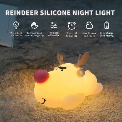 Reindeer Silicone Night Light for Kids Christmas Gift Soft Touch Squishy LED Night Lamp Rechargeable Animal Nursery Night Lights