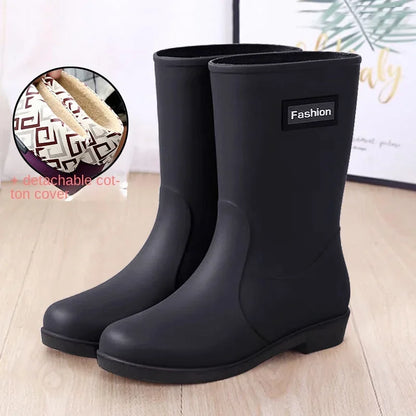 Rain boots women's four seasons fashion outdoor mid-tube waterproof non-slip rubber shoes fashion rain boots with cotton cover