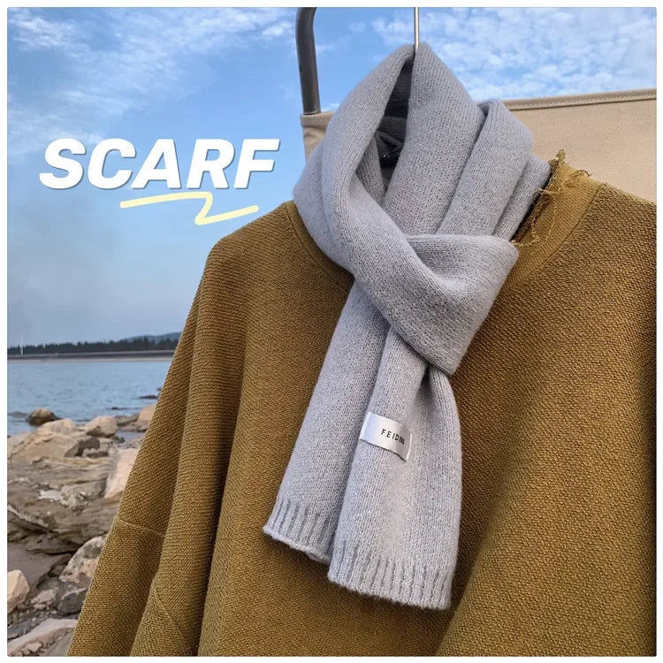 Simple Chic Solid Soft Scarf Autumn Winter Men Knitted Wool Korean Couple Fashion Thick Warm Muffler Thermal Muffler Male Shawl