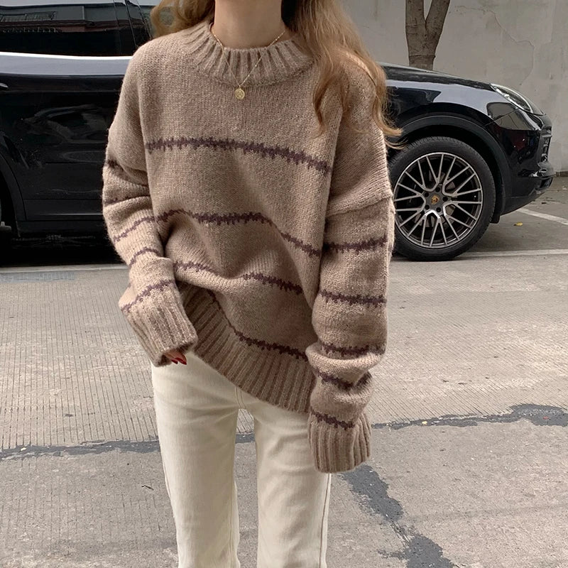 Women Sweater Casual Pullovers Autumn Winter Basics Knitted Korean Loose Striped O-neck Long Sleeve Elegance Sweet