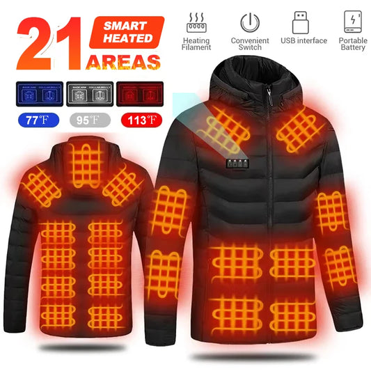 21 Areas Heated Jacket Men Warm Vest USB Self Heating Jacket Women Heated Coat Ski Camping Hiking Winter Cotton Clothes Washed