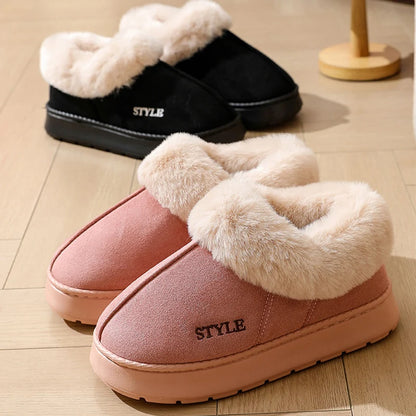 Anti-slip Thick Plush Snow Boots Women Faux Suede Platform Fur Winter Boots Woman Slip On Warm Cotton Padded Shoes Female 45